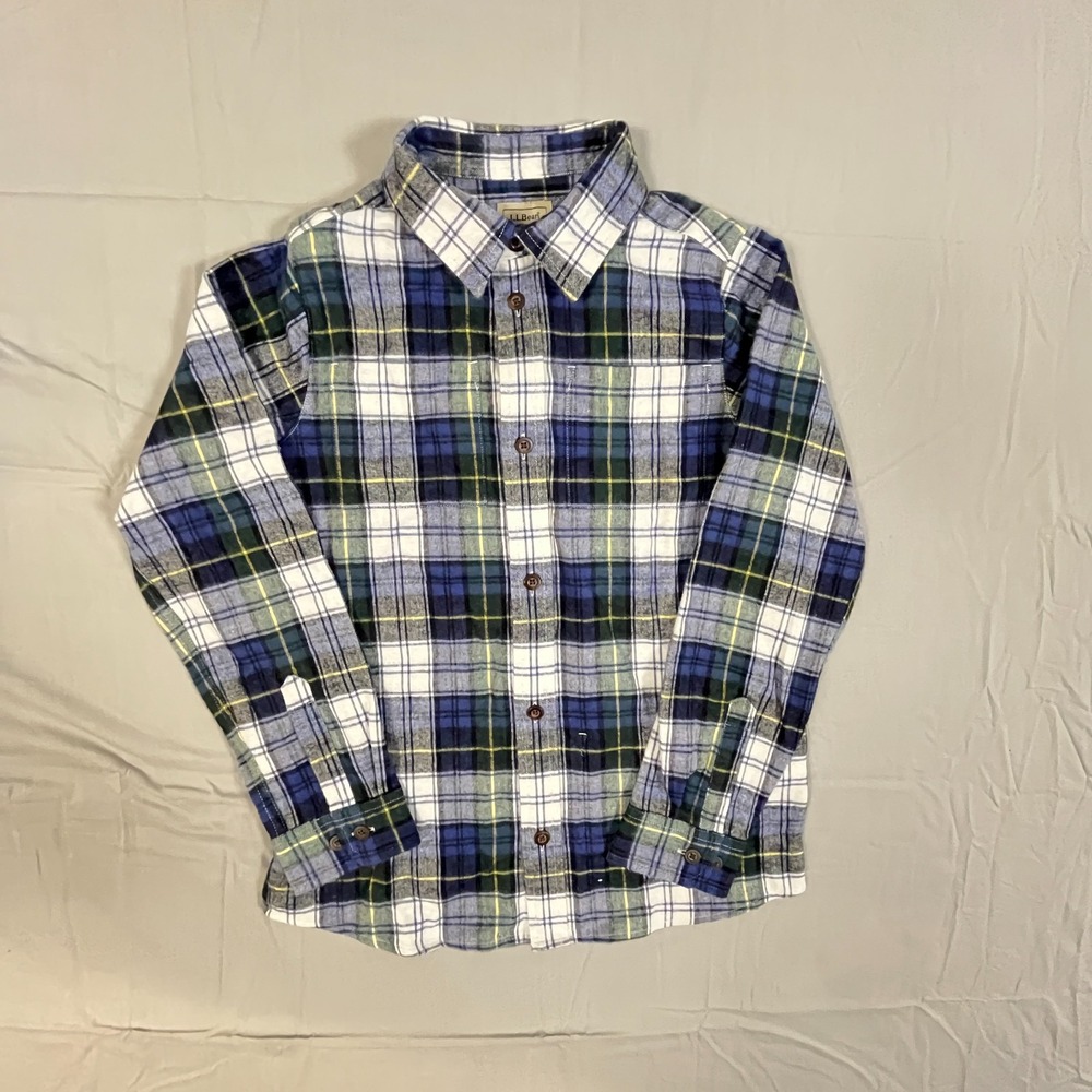 L.L. Bean Flannel Shirt Boys M 10-12 Multicolor Windowpane Plaid‎ Button Up